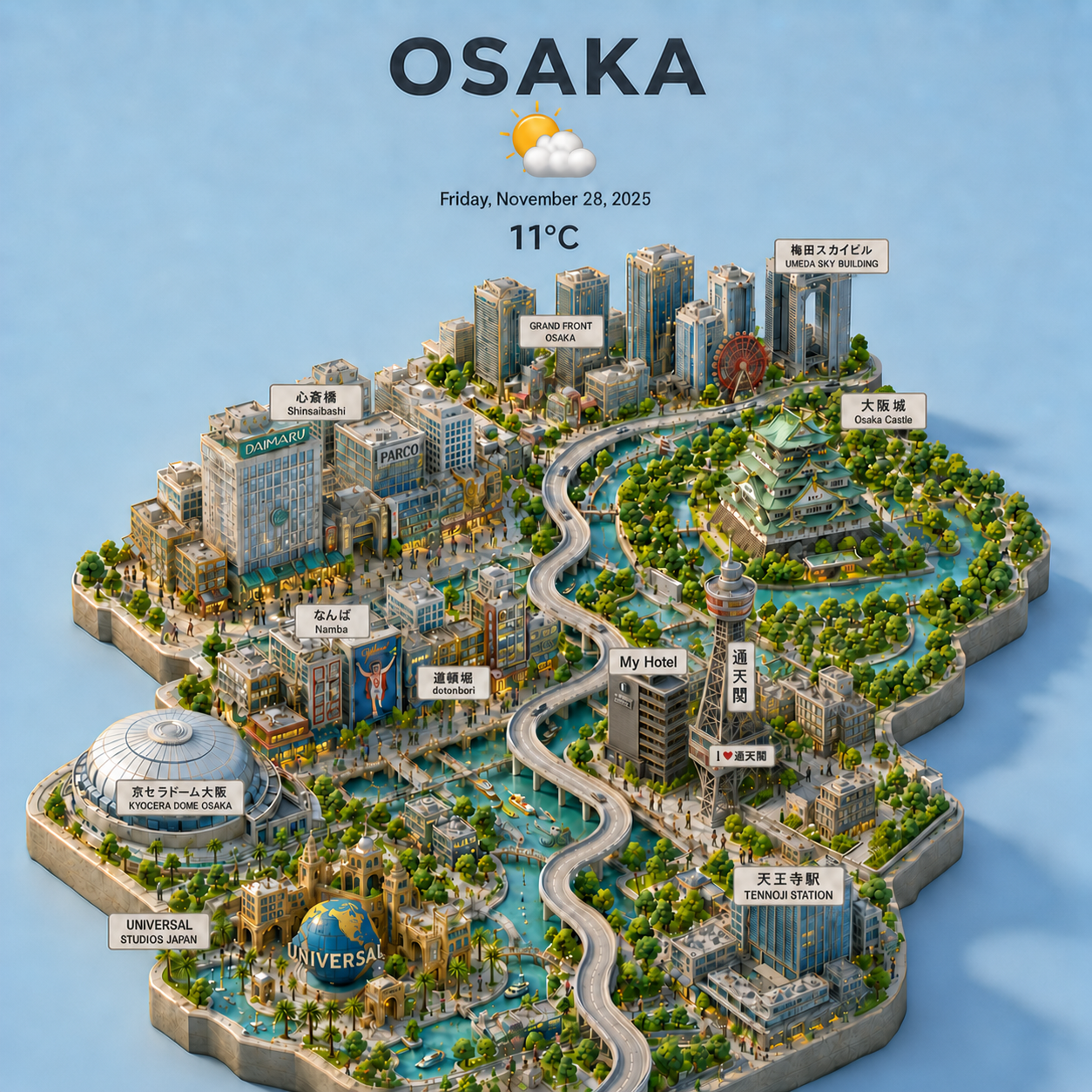 Osaka illustrated city map